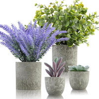 4 Packs Fake Plants Small Artificial Plants for Shelf Lavender Flowers Eucalyptus Succulents Plants Potted Faux Plants for Home Indoor Office Bathroom Living Room Decor