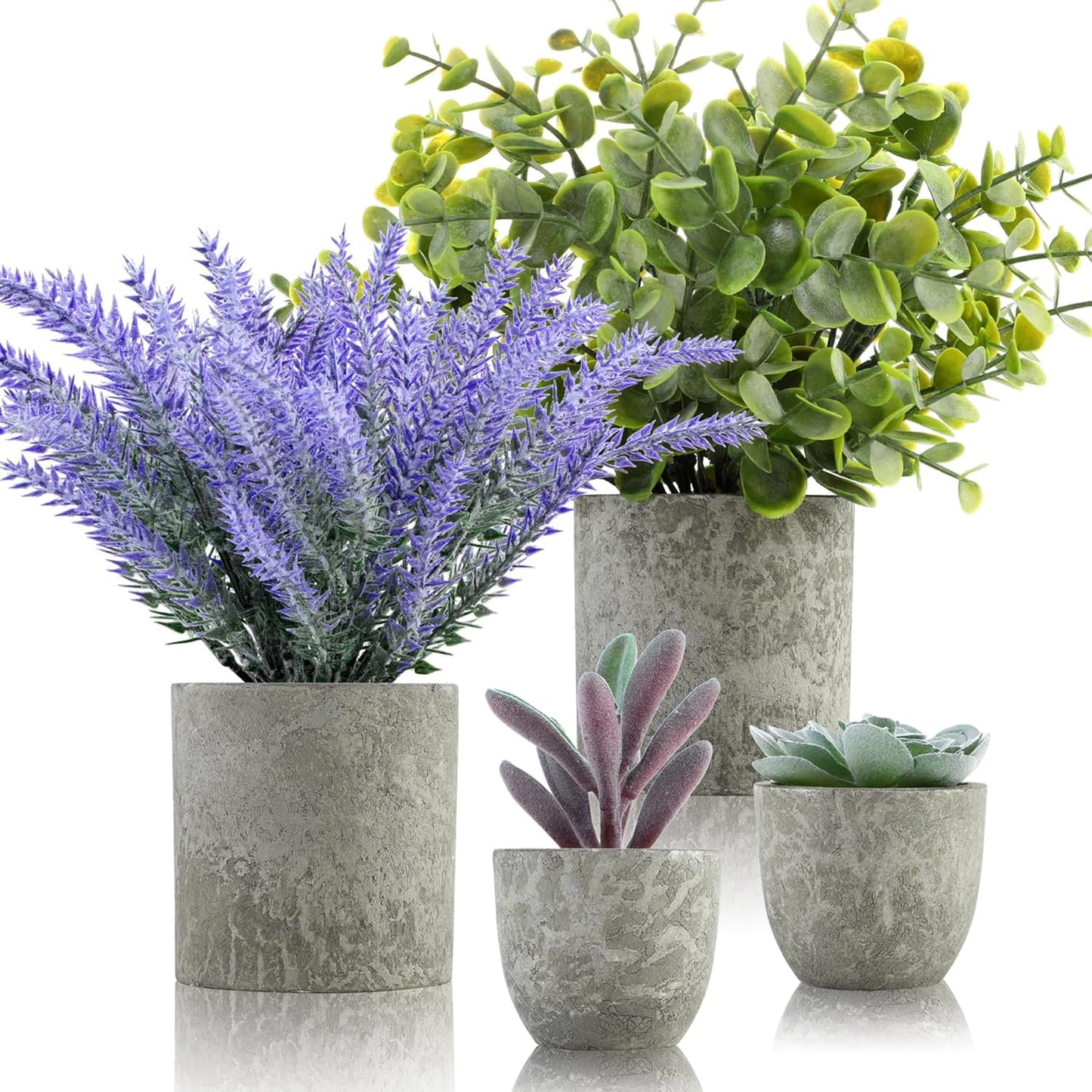 4 Packs Fake Plants Small Artificial Plants for Shelf Lavender Flowers Eucalyptus Succulents Plants Potted Faux Plants for Home Indoor Office Bathroom Living Room Decor
