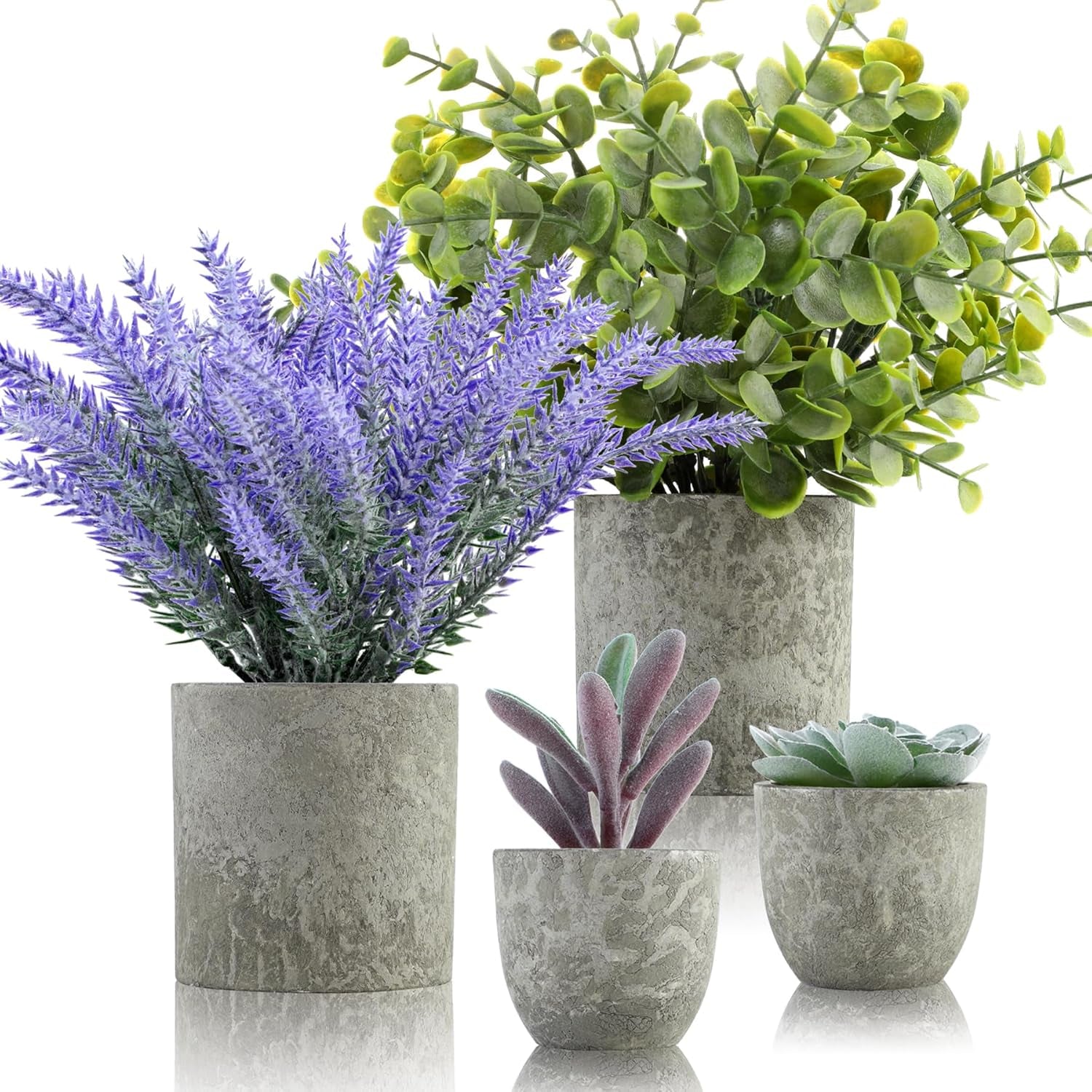 4 Packs Fake Plants Small Artificial Plants for Shelf Lavender Flowers Eucalyptus Succulents Plants Potted Faux Plants for Home Indoor Office Bathroom Living Room Decor