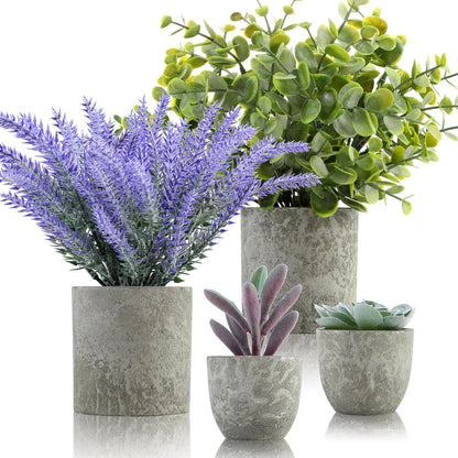 4 Packs Fake Plants Small Artificial Plants for Shelf Lavender Flowers Eucalyptus Succulents Plants Potted Faux Plants for Home Indoor Office Bathroom Living Room Decor