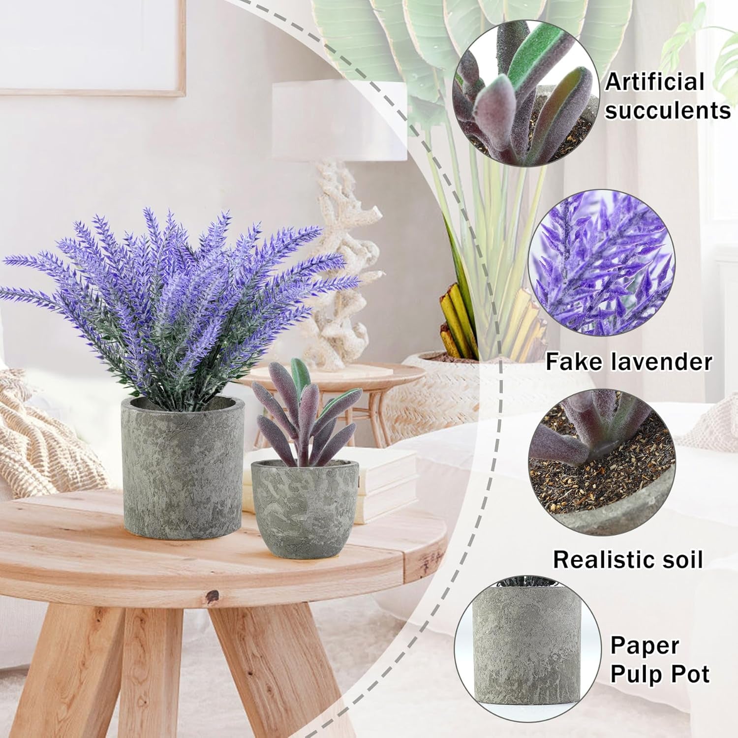 4 Packs Fake Plants Small Artificial Plants for Shelf Lavender Flowers Eucalyptus Succulents Plants Potted Faux Plants for Home Indoor Office Bathroom Living Room Decor