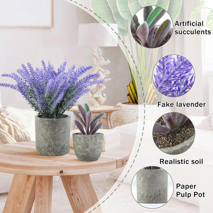 4 Packs Fake Plants Small Artificial Plants for Shelf Lavender Flowers Eucalyptus Succulents Plants Potted Faux Plants for Home Indoor Office Bathroom Living Room Decor