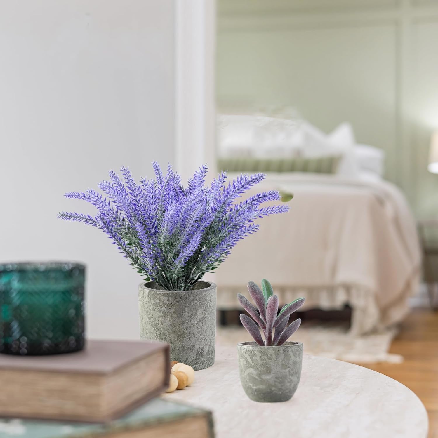 4 Packs Fake Plants Small Artificial Plants for Shelf Lavender Flowers Eucalyptus Succulents Plants Potted Faux Plants for Home Indoor Office Bathroom Living Room Decor