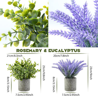 4 Packs Fake Plants Small Artificial Plants for Shelf Lavender Flowers Eucalyptus Succulents Plants Potted Faux Plants for Home Indoor Office Bathroom Living Room Decor
