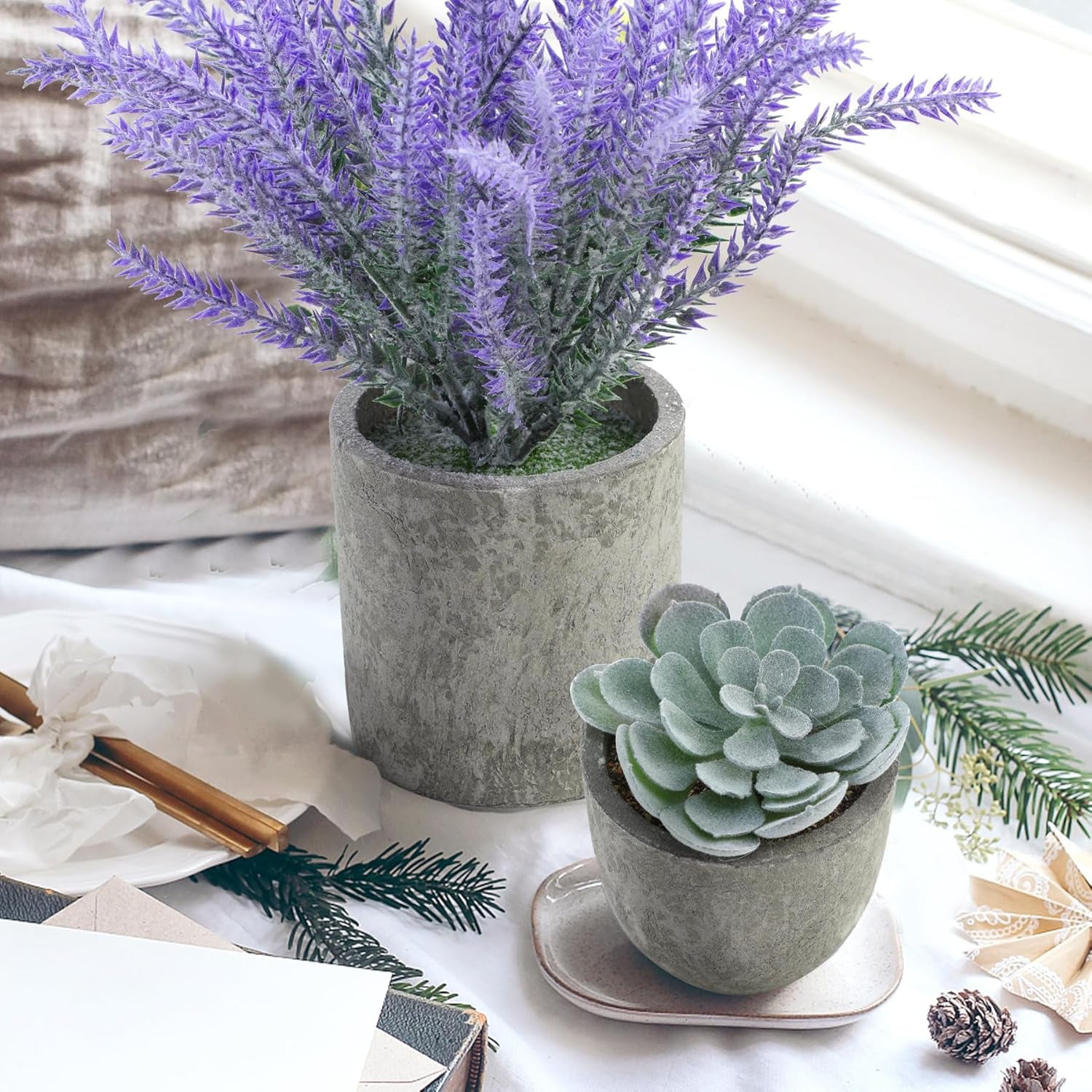 4 Packs Fake Plants Small Artificial Plants for Shelf Lavender Flowers Eucalyptus Succulents Plants Potted Faux Plants for Home Indoor Office Bathroom Living Room Decor